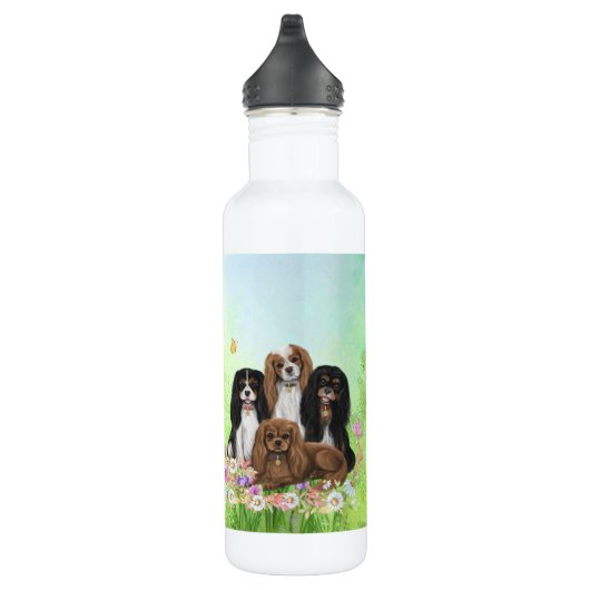 Vier Cavalier Spaniels in Flowers Stainless Steel Waterfles (Rechts)