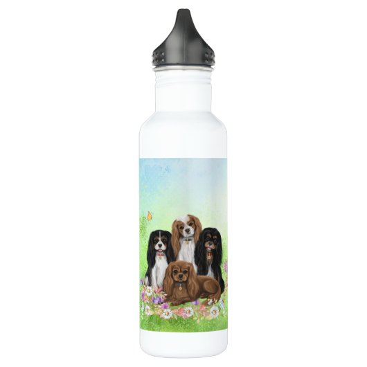 Vier Cavalier Spaniels in Flowers Stainless Steel Waterfles (Links)