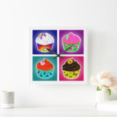 Vier Cupcakes Vierkante Wandklok (Huis)