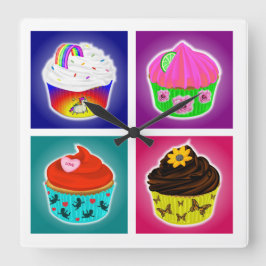 Vier Cupcakes Vierkante Wandklok