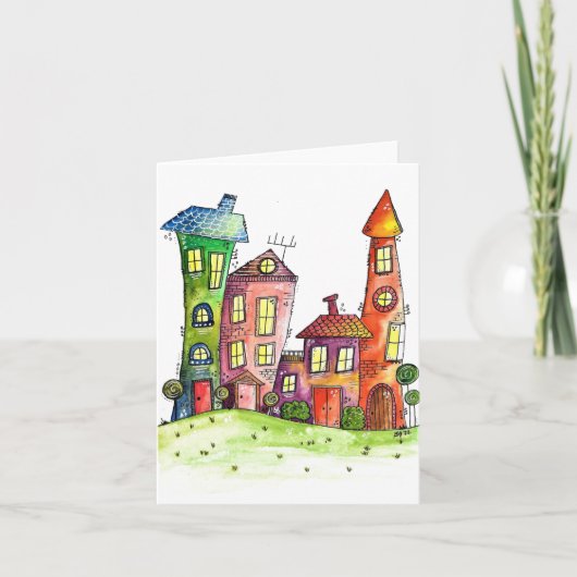 Vier Cute Whimsical-huizen Kaart (Voorkant)