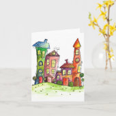 Vier Cute Whimsical-huizen Kaart (Gele Bloem)