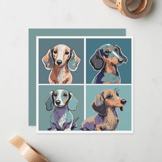 Vier Dachshunds Illustratie Notitiekaartje (Voorkant / Achterkant in situ)
