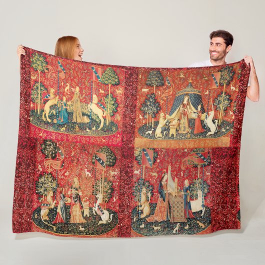 VIER DAME EN EENHOORN VERHALEN Rode Groene Bloemen Fleece Deken (In situ)