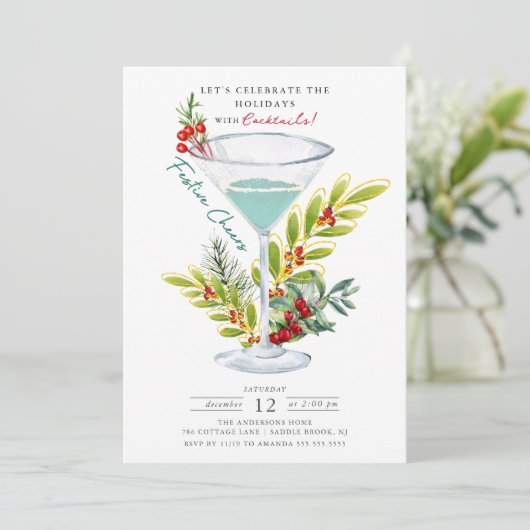 Vier de feestdagen met kerstcocktailparty kaart (Staand voorkant)