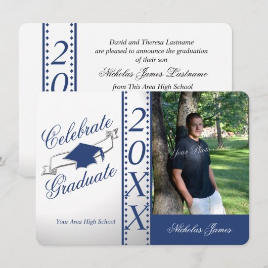 Vier de foto van het Afstuderen Blauw Afstuderen Kaart (Voorkant / Achterkant)