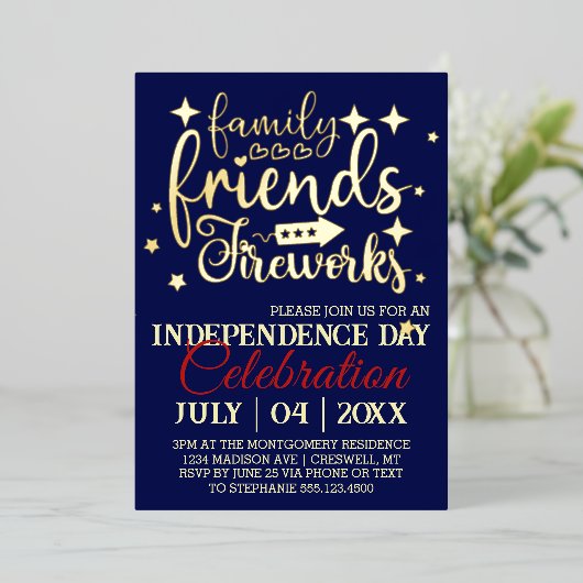 Vier de Vierde Juli-feest met sterren Folie Uitnodiging (Staand Voorkant)