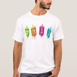 Vier Dreidels Donkere Shirten T-shirt<br><div class="desc">Vier meerkleurige droidels die nun, gimel, hei en shin tonen. Nes Gadol Hayah Sham. Een Chanoeka-ontwerp.</div>