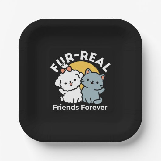 Vier echte vrienden voor altijd | Schattige kat en Papieren Bordje (Voorkant)