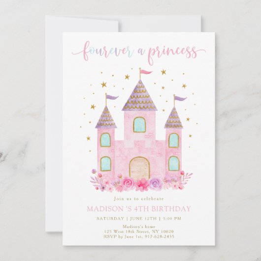 Vier een Prinses Roze Gouden Bloemen Verjaardag Kaart (Voorkant)