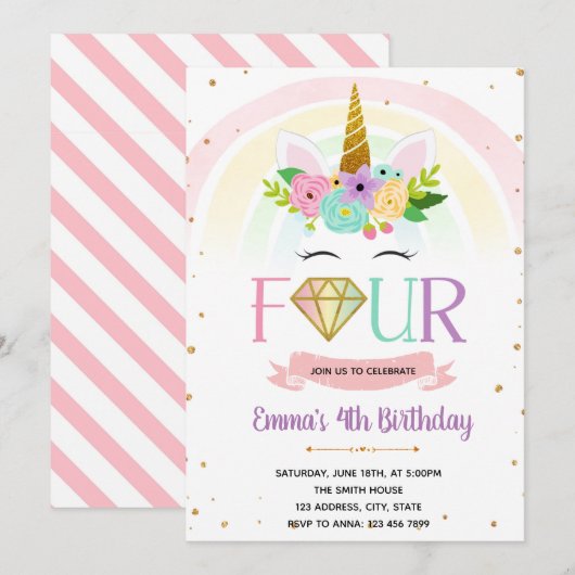 Vier eenhoorn-verjaardagsuitnodigingen kaart (Voorkant / Achterkant)