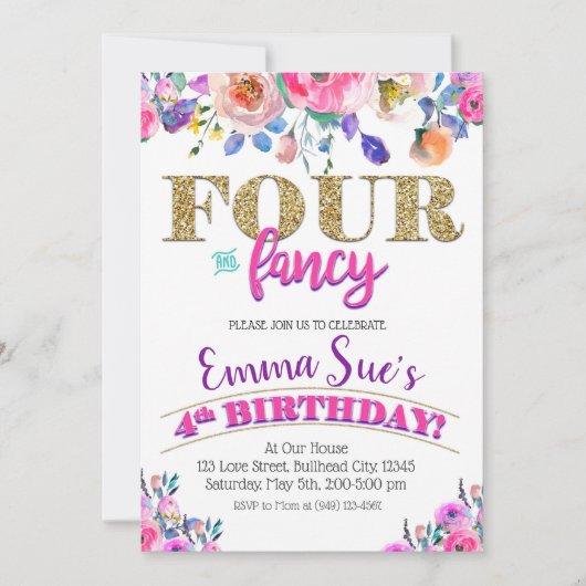 Vier en Fancy meisjes vierde verjaardag Kaart (Voorkant)