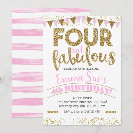 Vier en vier Fabulous Girls Pink & Gold 4th Birthd Kaart (Voorkant / Achterkant)