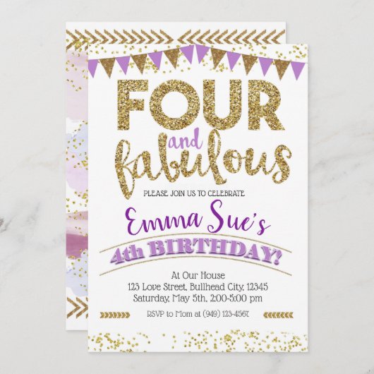 Vier en vier jaar Paarse Fabulous Girls Kaart (Voorkant / Achterkant)