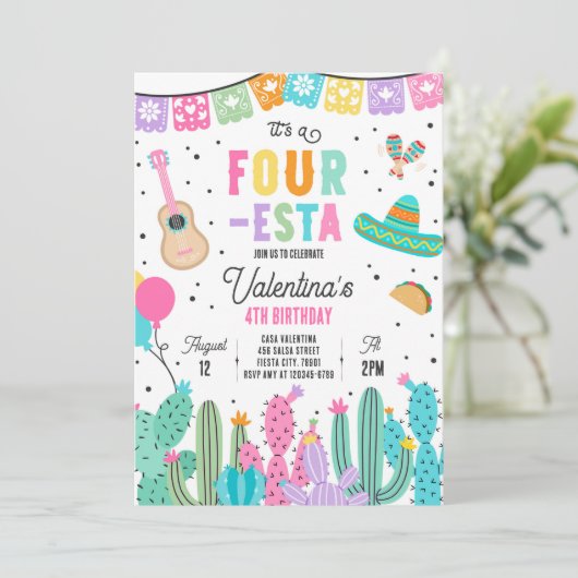 Vier-Esta Mexicaanse Fiesta 4e verjaardagsfeestje Kaart (Staand voorkant)