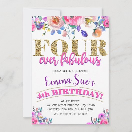 Vier-Ever Fabulous Meisjes Bloemen 4e Verjaardag Kaart (Voorkant)