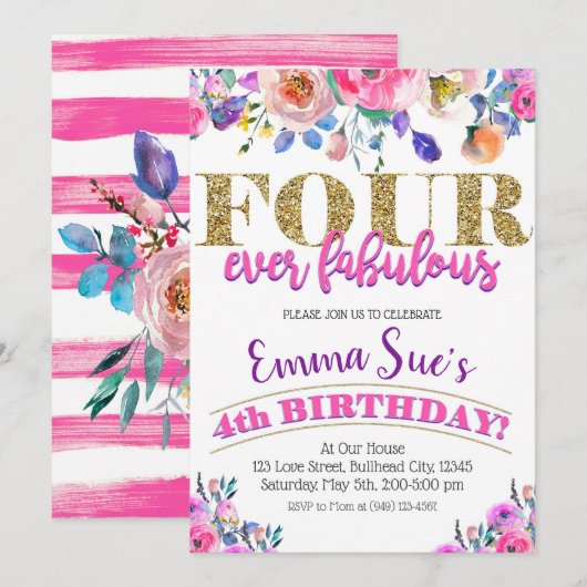 Vier-Ever Fabulous Meisjes Bloemen 4e Verjaardag Kaart (Voorkant / Achterkant)