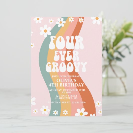 Vier Ever Groovy daisy regenboog vierde verjaardag Kaart (Staand voorkant)