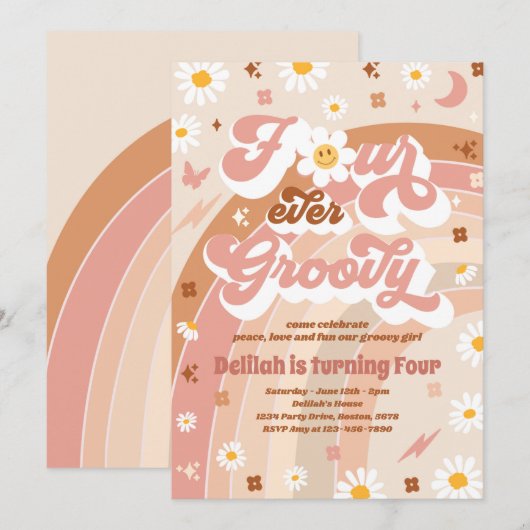 Vier Ever Groovy Hippie Rainbow vierde geboortedag Kaart (Voorkant / Achterkant)