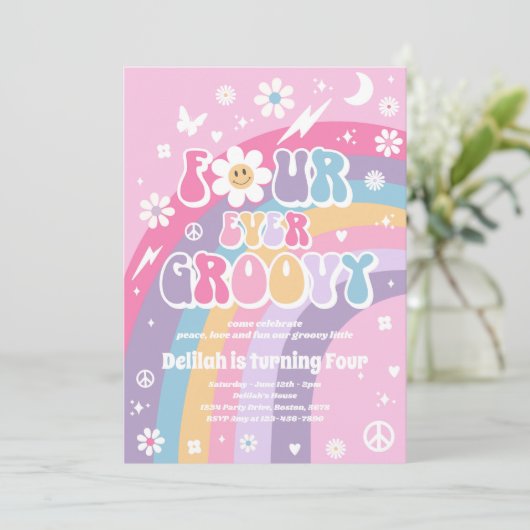 Vier Ever Groovy Hippie Rainbow vierde geboortedag Kaart (Staand voorkant)