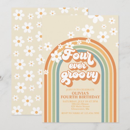 Vier Ever Groovy Retro Rainbow Daisy Birthday Kaart (Voorkant / Achterkant)