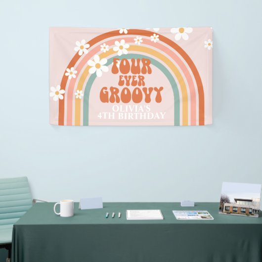 Vier Ever Groovy Retro Rainbow Daisy Birthday Spandoek (Beurs)
