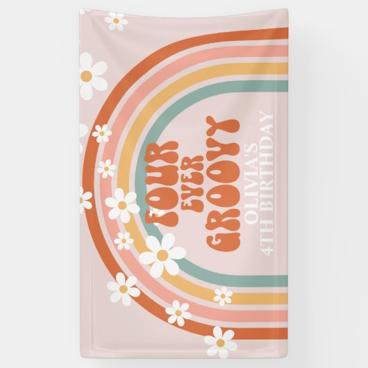 Vier Ever Groovy Retro Rainbow Daisy Birthday Spandoek (Verticaal)