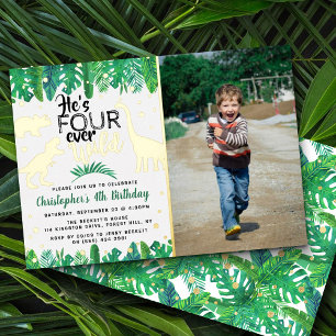 Vier Ever Wild Dinosaur Boys 4e verjaardag Foto Folie Uitnodiging