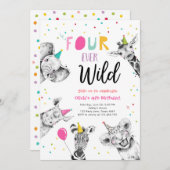 Vier Ever Wild Party Dieren Safari Meisje Verjaard Kaart (Voorkant / Achterkant)