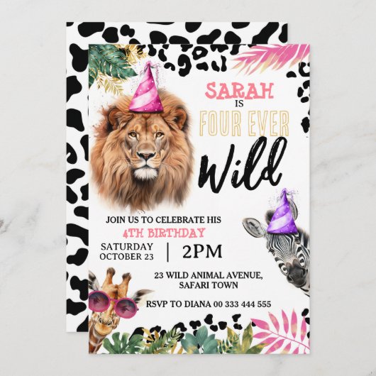 Vier-Ever Wild Safari Dieren Meisje 4e Verjaardag Kaart (Voorkant / Achterkant)