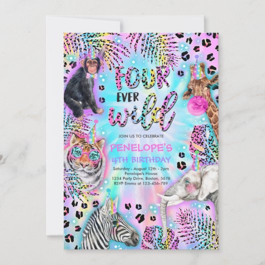 Vier Ever Wild Safari Neon Cheetah Birthday Party Kaart (Voorkant)