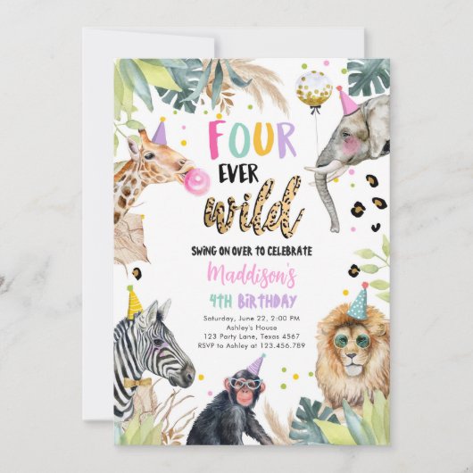 Vier Ever Wild Safari Party Dieren 4e Verjaardag Kaart (Voorkant)