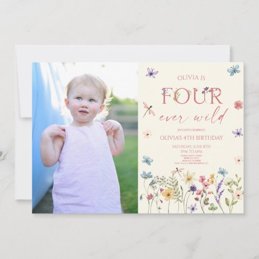 Vier Ever Wild Wildflower Foto 4e Verjaardagsfeest Kaart (Voorkant)