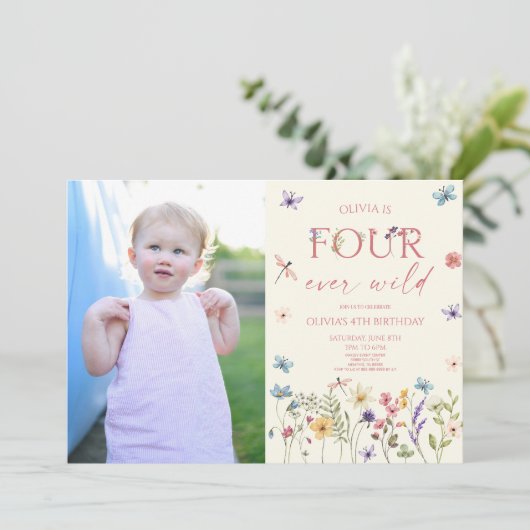 Vier Ever Wild Wildflower Foto 4e Verjaardagsfeest Kaart (Staand voorkant)