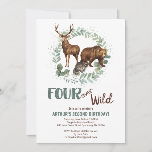 Vier Ever Wild Woodland Birthday Invitation Boys Aankondiging (Voorkant)