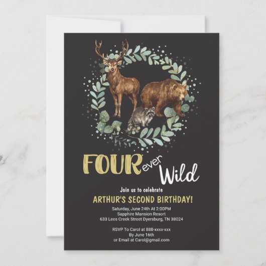Vier Ever Wild Woodland Birthday Invitation Boys Aankondiging (Voorkant)