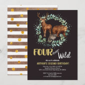 Vier Ever Wild Woodland Birthday Invitation Boys Aankondiging (Voorkant / Achterkant)