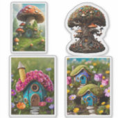 Vier Fairy Houses Fantasy Custom-Cut Vinyl Sticker (Voorkant)