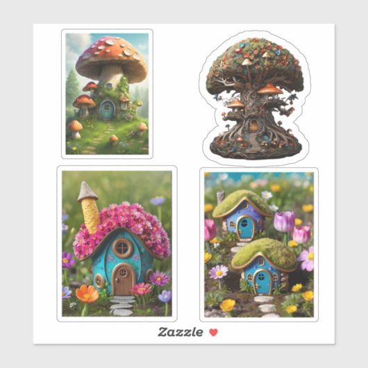 Vier Fairy Houses Fantasy Custom-Cut Vinyl Sticker (Vel)