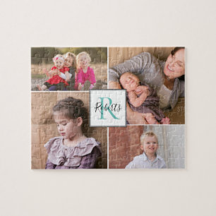 Vier familiefoto's, monogram en naam legpuzzel