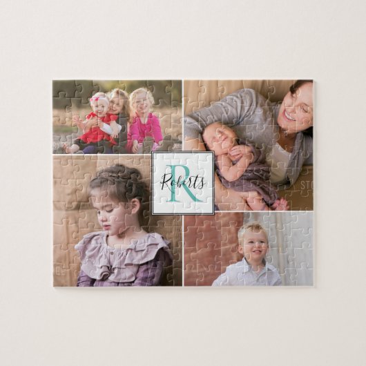 Vier familiefoto's, monogram en naam legpuzzel (Horizontaal)
