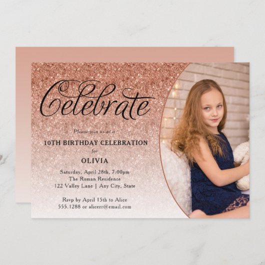 Vier Fancy Script Roos Gouden Glitter Foto Kaart (Voorkant / Achterkant)