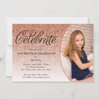 Vier Fancy Script Roos Gouden Glitter Foto Kaart