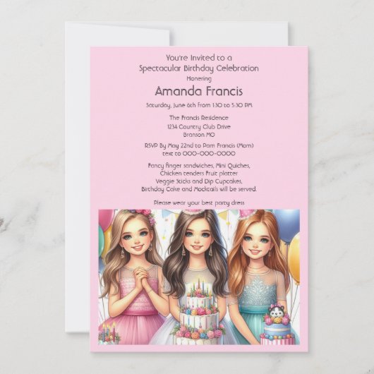 Vier Fancy Teen Girl verjaardagsfeestje Kaart (Voorkant)