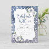 Vier Feest Met Ons! Blauwe glitters en bloemen Kaart (Staand voorkant)