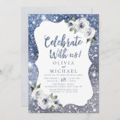 Vier Feest Met Ons! Blauwe glitters en bloemen Kaart (Voorkant / Achterkant)