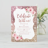 Vier Feest Met Ons! Fonkelende roze goud en bloeme Kaart (Staand voorkant)