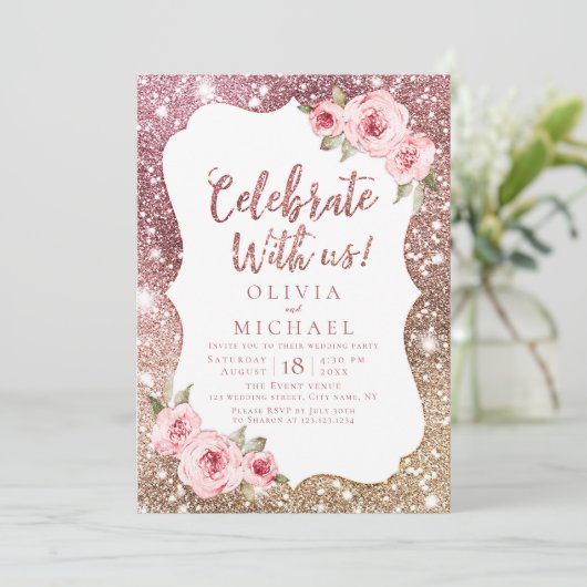 Vier Feest Met Ons! Glans roze goud en bloem Kaart (Staand voorkant)