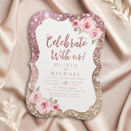 Vier Feest Met Ons! Glans roze goud en bloemen Kaart