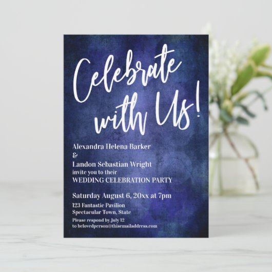 Vier Feest Met Ons! Handgeschreven Rijk Blauw Grun Kaart (Staand voorkant)